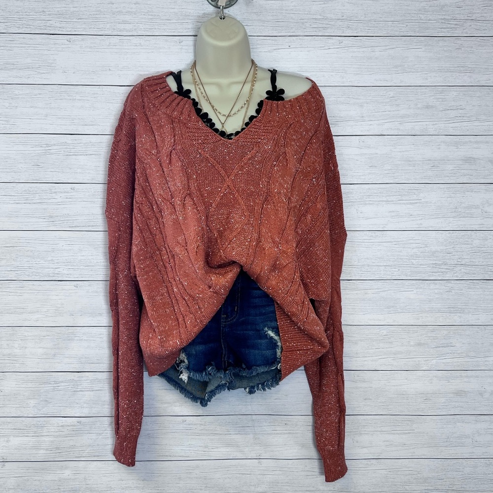 Boutique Brand Split Neck Marled Oversized Drop Shoulder Sweater Orangish Brown